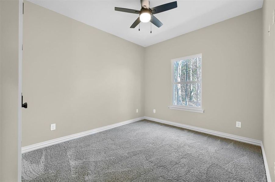 Empty room with carpet flooring and ceiling fan