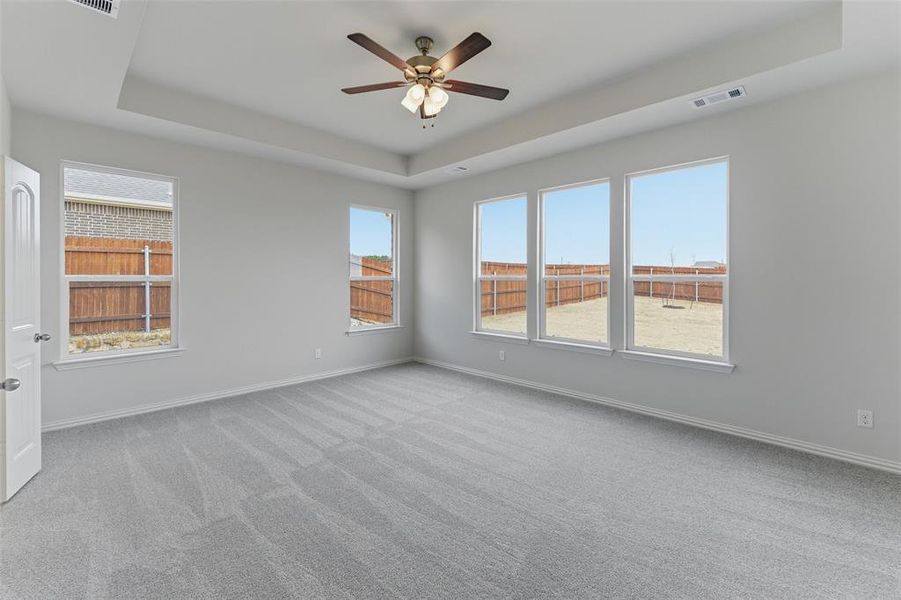 Unfurnished room with a tray ceiling, light colored carpet, and a ceiling fan