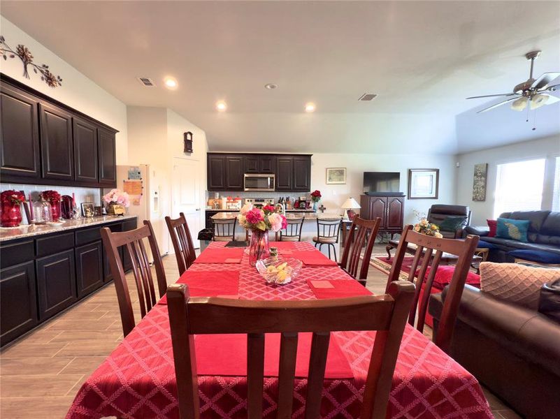 Dining area featuring recessed lighting and light wood-type flooring Dining area featuring recessed lighting and light wood-type flooring