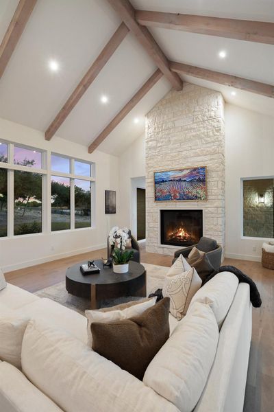 Beamed Ceilings and Large Fireplace