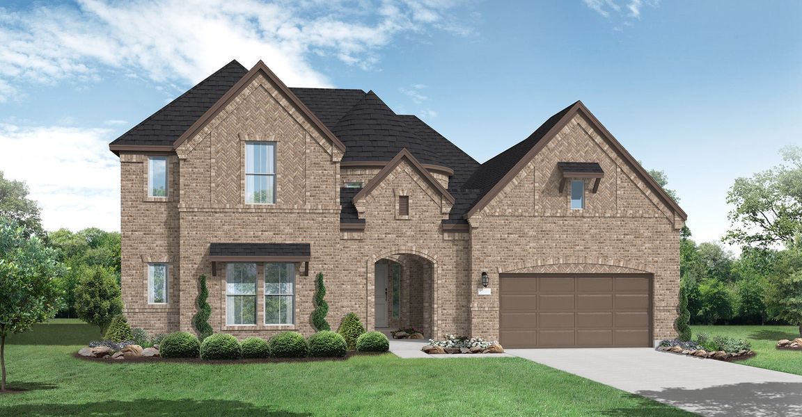 Front exterior of a new home in Dunham Pointe, Cypress, TX, highlighting curb appeal (Image 1). Front exterior of a new home in Dunham Pointe, Cypress, TX, highlighting curb appeal (Image 1).