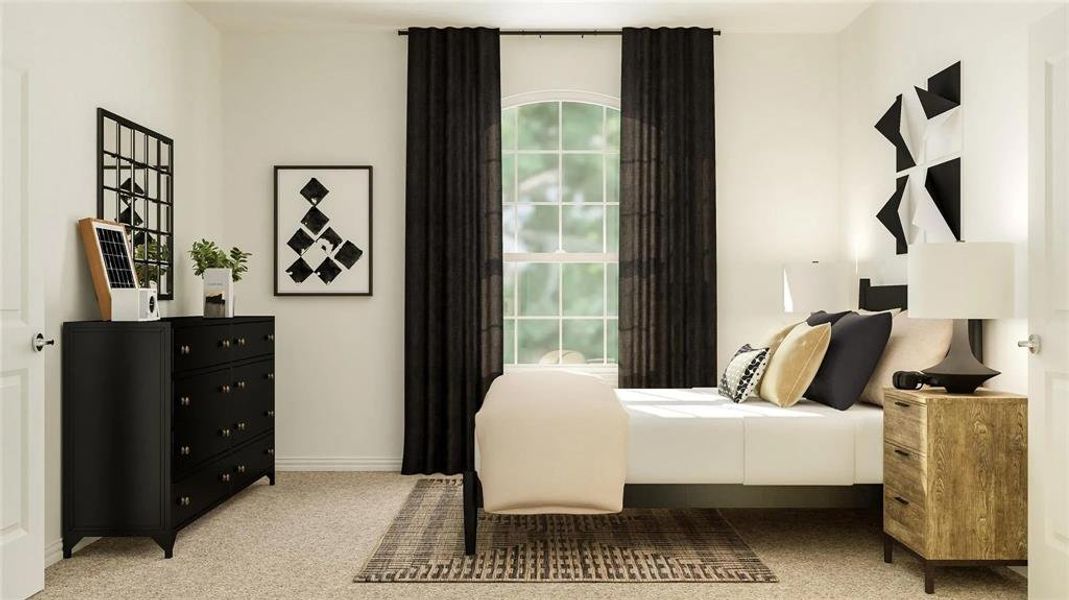 Carpeted room featuring a large arched window with dark drapery, white walls, and white trim Carpeted room featuring a large arched window with dark drapery, white walls, and white trim
