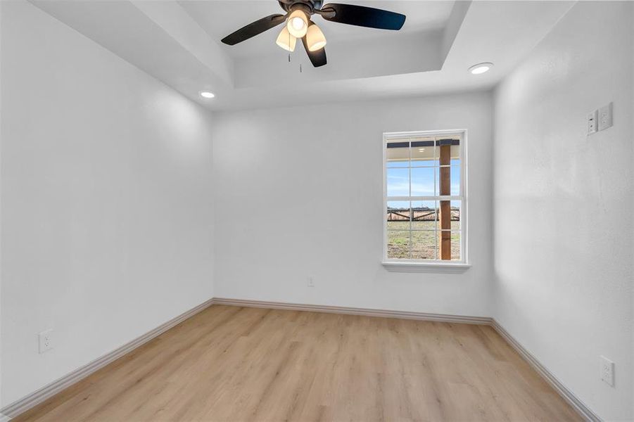 Unfurnished room featuring light wood-type flooring, a tray ceiling, and ceiling fan