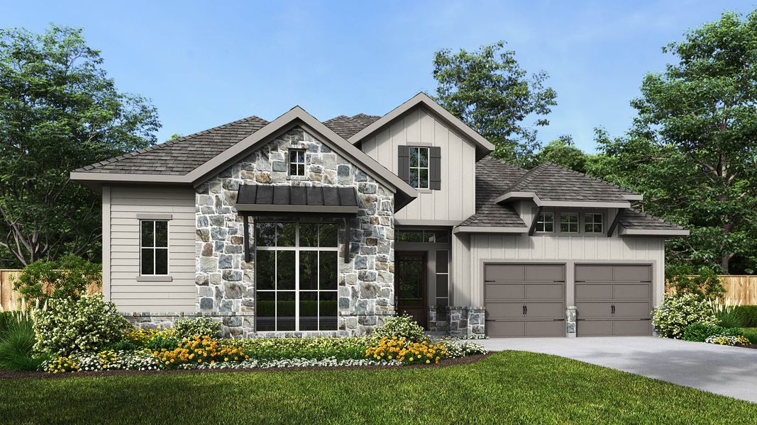 Representative exterior photo of a completed home built from the 2835E by Perry Homes in The Colony, Bastrop, TX (Image 3). Representative exterior photo of a completed home built from the 2835E by Perry Homes in The Colony, Bastrop, TX (Image 3).