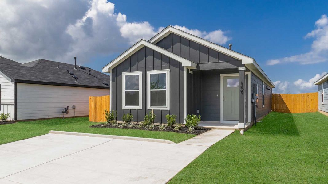 Representative exterior photo of a completed home built from the The Dahlia by D.R. Horton in Marigold, Kyle, TX (Image 1).