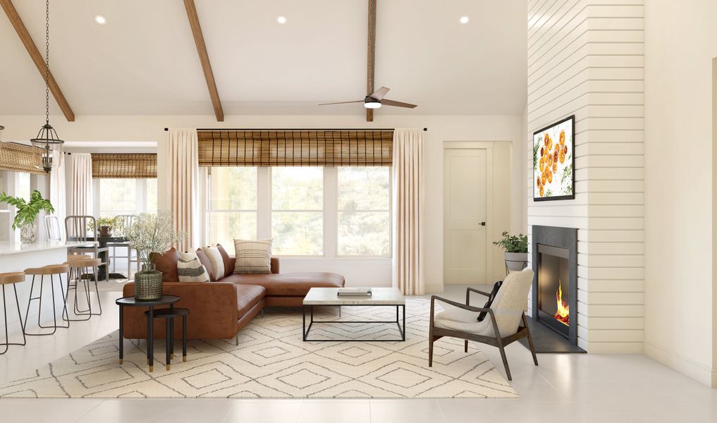 Great room with vaulted ceiling and stained ceiling beams Great room with vaulted ceiling and stained ceiling beams