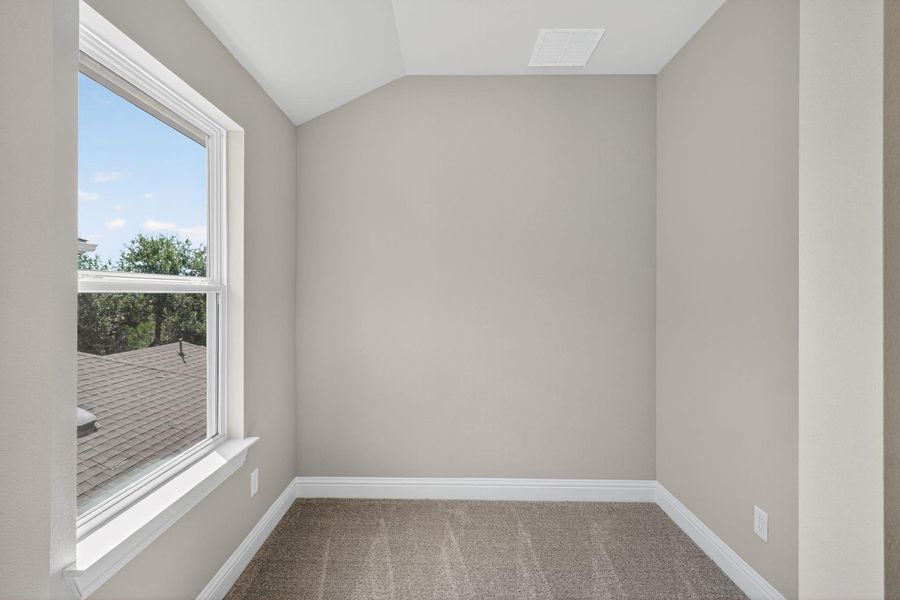 Unfurnished room featuring light carpet and vaulted ceiling Unfurnished room featuring light carpet and vaulted ceiling