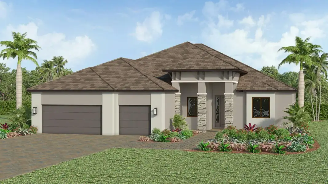 Front exterior of a new home in Kingston South Real Estate and Homes for Sale in Estero, FL - Neal Communities, Estero, FL, highlighting curb appeal (Image 2). Front exterior of a new home in Kingston South Real Estate and Homes for Sale in Estero, FL - Neal Communities, Estero, FL, highlighting curb appeal (Image 2).