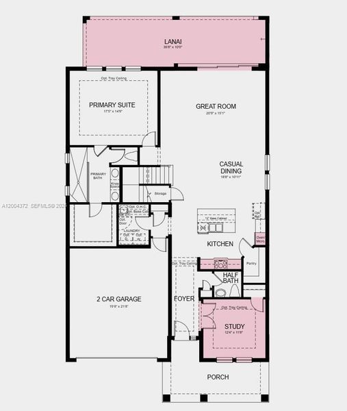 First Floor Plan - Additional Highlights Include: gourmet kitchen, tray ceiling package, pocket sliding glass door to extended covered lanai, impact glass windows, 8' interior doors throughout, study in place of flex room, pre-plumb for future laundry sink, and outdoor kitchen rough in plumbing