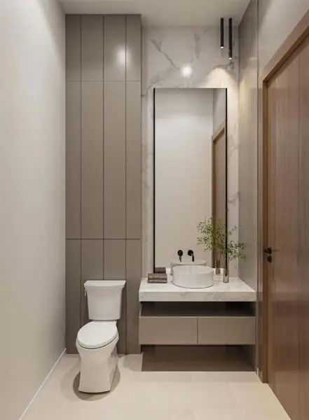 Bathroom featuring vanity, tile walls, and tile patterned floors Bathroom featuring vanity, tile walls, and tile patterned floors