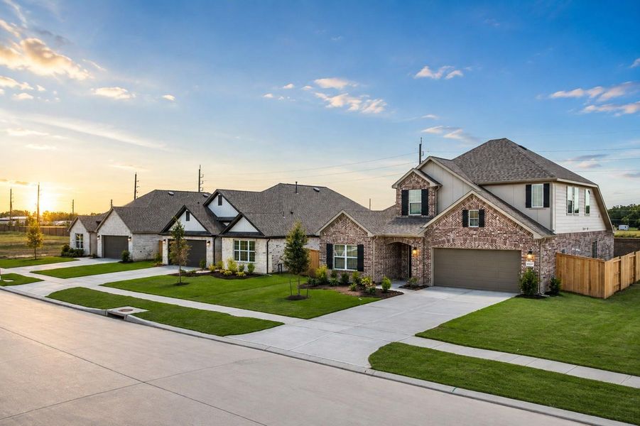 Front exterior of a new home in Hallimore Ranch, Rosenberg, TX, highlighting curb appeal (Image 16).