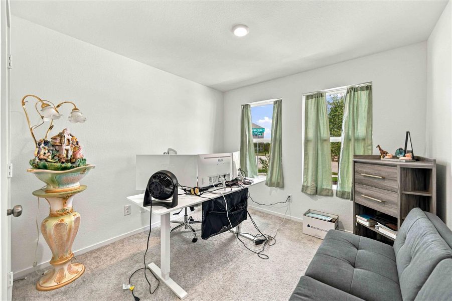 Bright home office with ample natural light, featuring a modern desk setup, cozy seating, and tasteful decor.