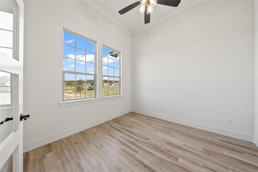 Empty room featuring light wood-style flooring, crown molding, and ceiling fan