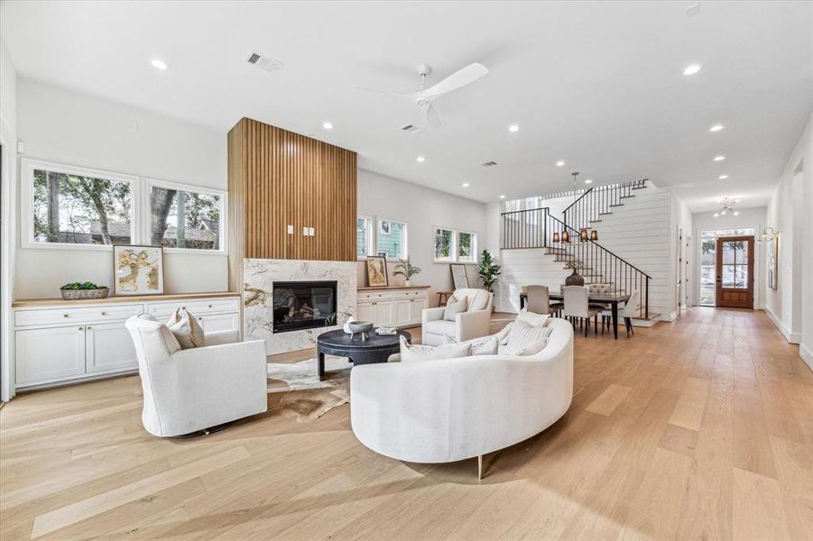 Fireplace with wood slatting makes a bold statement!