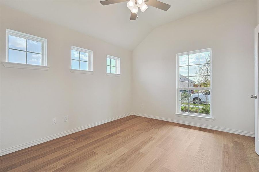 Empty room with a wealth of natural light, ceiling fan, vaulted ceiling, and light hardwood / wood-style floors