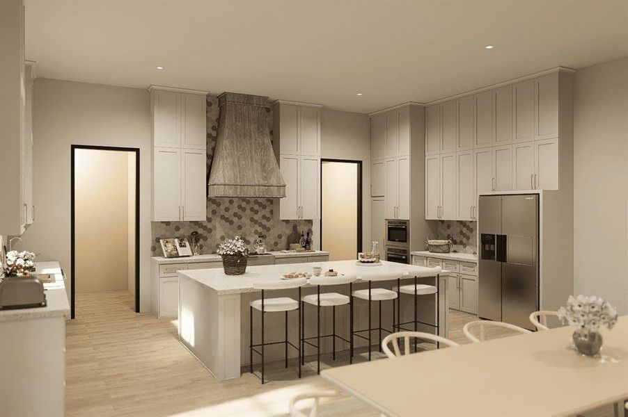 Architect's Rendering 
Kitchen with a center island, a breakfast bar area, stainless steel appliances, and backsplash