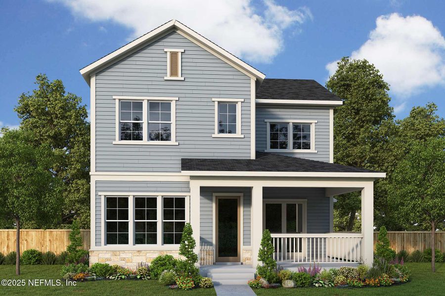 Front exterior of a new home in Seven Pines 50' Rear Entry, Jacksonville, FL, highlighting curb appeal (Image 1).