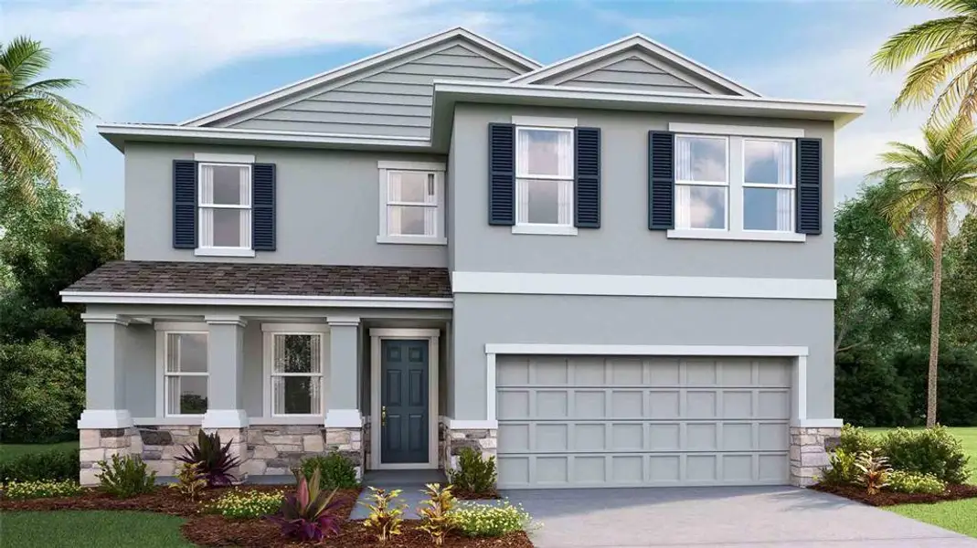 Front exterior of a new home in Angeline, Land O' Lakes, FL, highlighting curb appeal (Image 1). Front exterior of a new home in Angeline, Land O' Lakes, FL, highlighting curb appeal (Image 1).