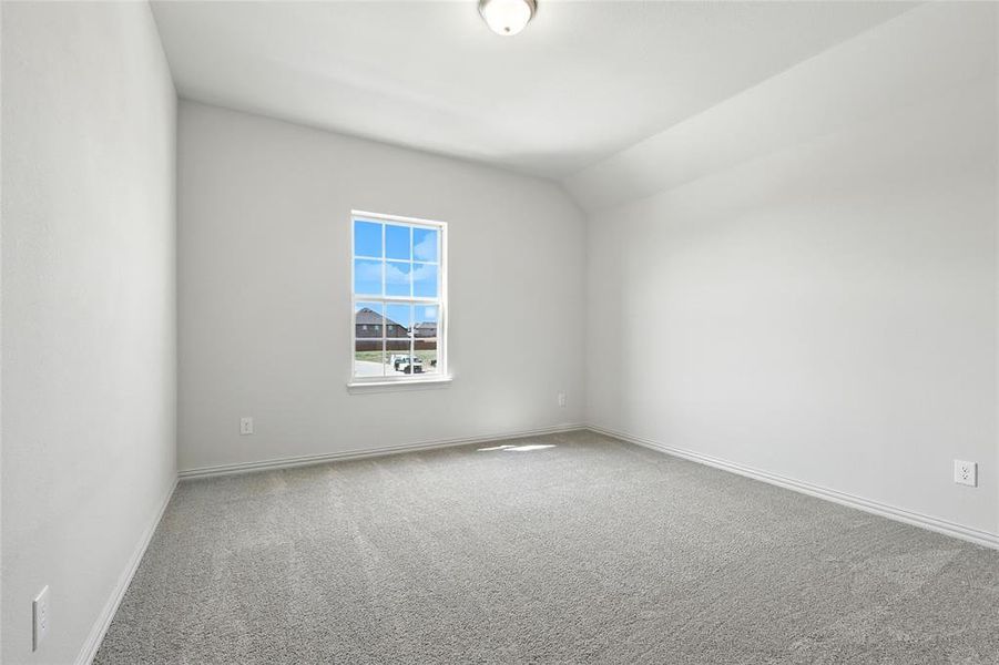 Carpeted empty room featuring baseboards and lofted ceiling Carpeted empty room featuring baseboards and lofted ceiling