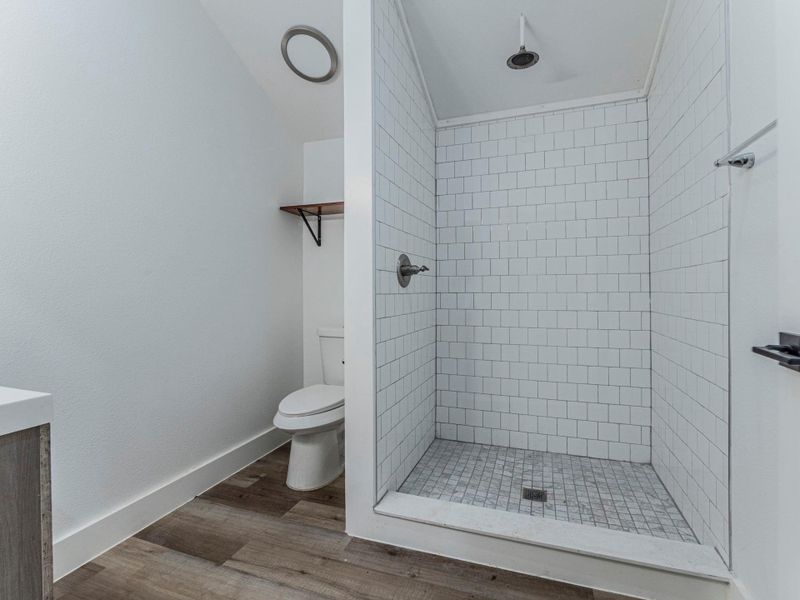 Full bathroom featuring a shower stall, light wood-style flooring, and vanity