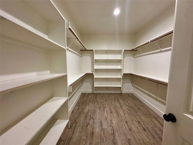 Walk in closet featuring dark wood finished floors Walk in closet featuring dark wood finished floors