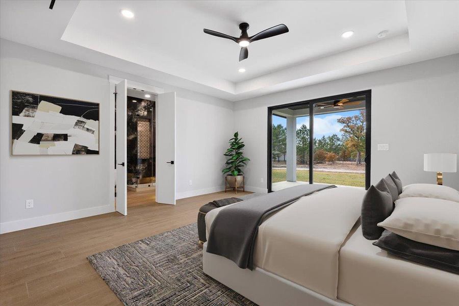 Primary downstairs bedroom virtually staged. Primary downstairs bedroom virtually staged.