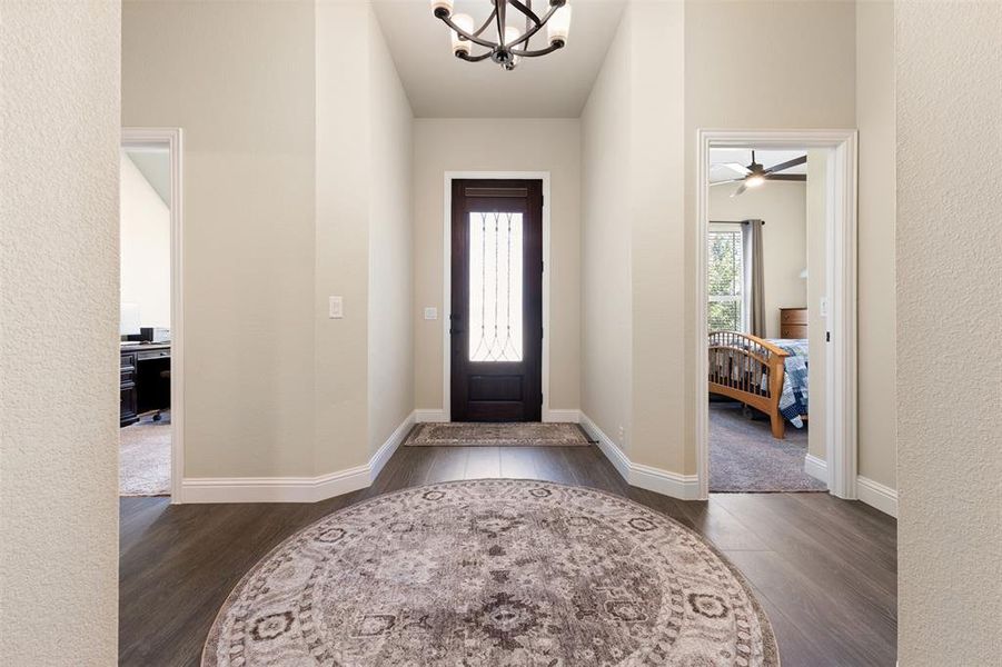 Inviting foyer featuring wood-finish flooring, a dark-paneled door with decorative glass, and a traditional ceiling light fixture Inviting foyer featuring wood-finish flooring, a dark-paneled door with decorative glass, and a traditional ceiling light fixture