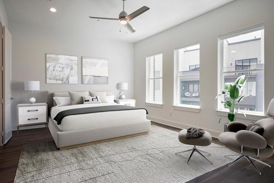 Bedroom with wood finished floors, recessed lighting, and ceiling fan
