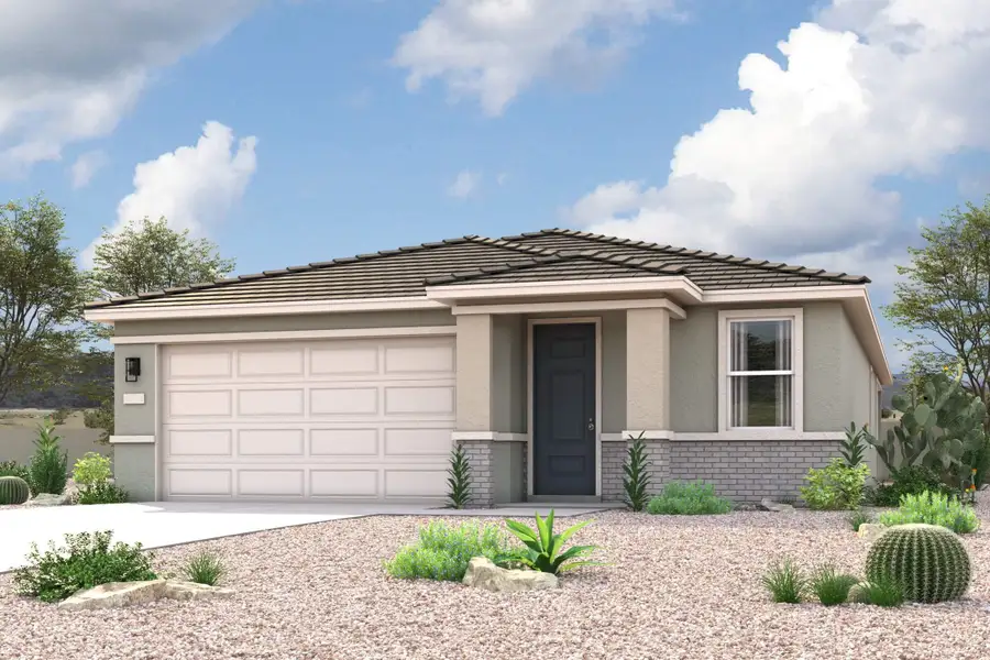 A house with a garage and bushes. A house with a garage and bushes.