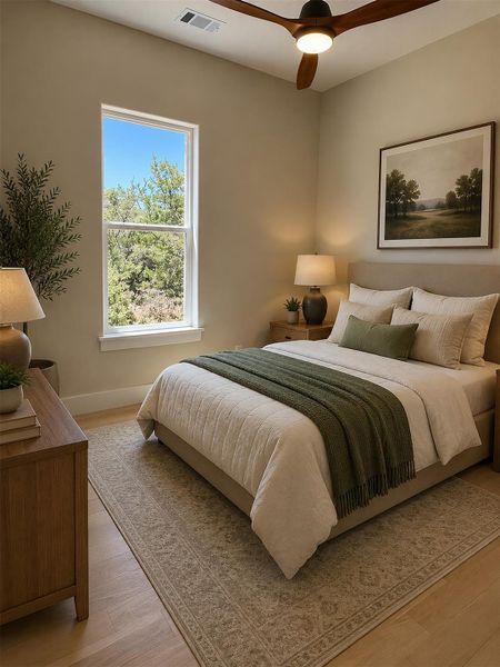 A tall single-hung window frames tranquil views of local trees from this wood-floored bedroom.Virtual Staging. A tall single-hung window frames tranquil views of local trees from this wood-floored bedroom.Virtual Staging.