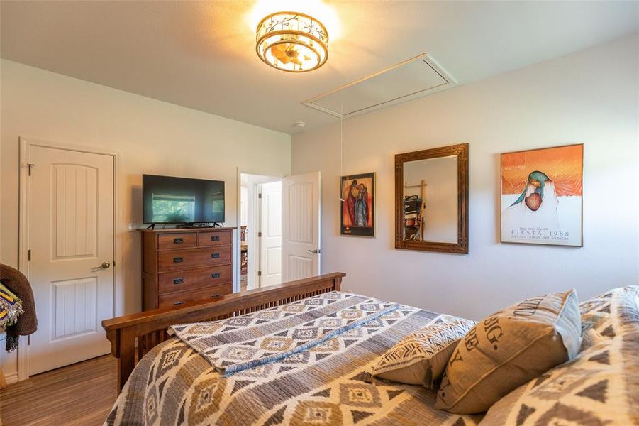 Room featuring wood-finish flooring, two paneled interior doors, and a ceiling-mounted light fixture with frosted glass Room featuring wood-finish flooring, two paneled interior doors, and a ceiling-mounted light fixture with frosted glass
