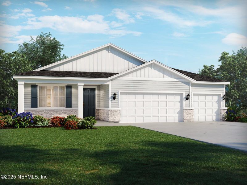 Front exterior of a new home in Azalea Creek, Jacksonville, FL, highlighting curb appeal (Image 1).