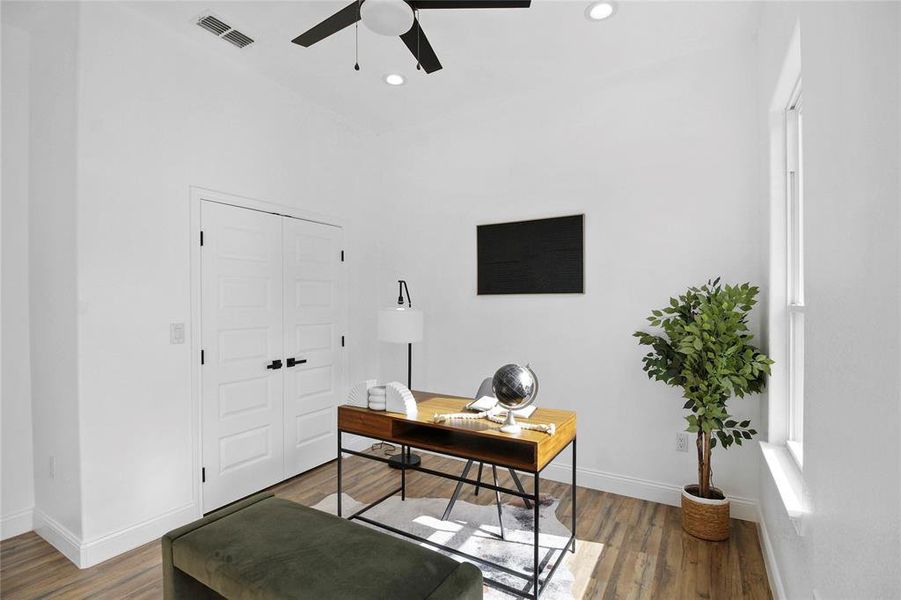 Office area with wood finished floors, recessed lighting, and a ceiling fan Office area with wood finished floors, recessed lighting, and a ceiling fan