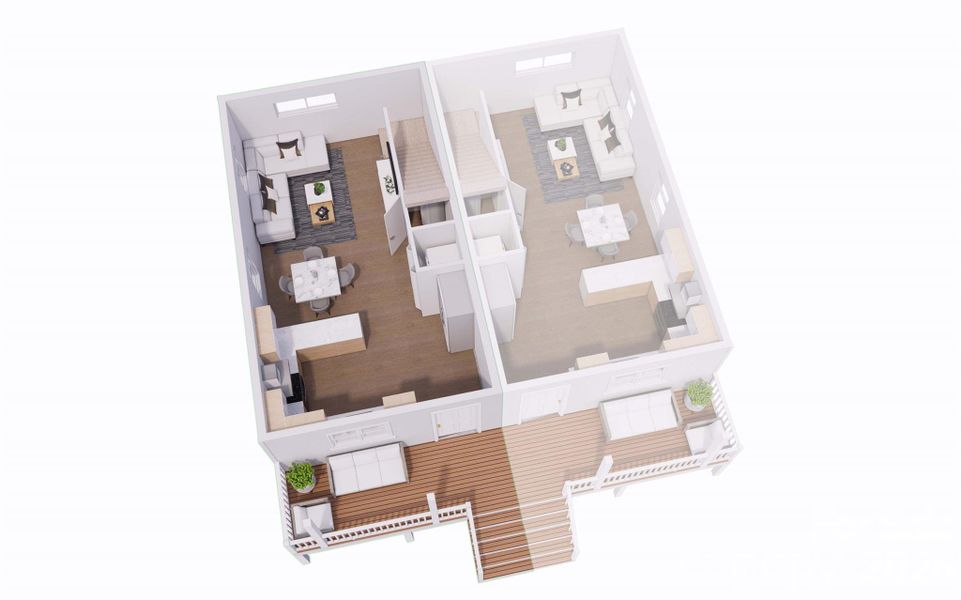 Downstairs feat. porch, open kitchen, dining, and living room