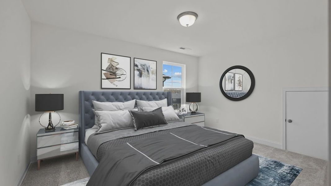 Fairfield spacious secondary bedroom with elevated ceiling and large window. Lakeside Glen by DRB Homes, York, SC.