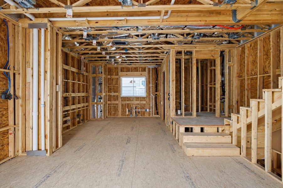 Kitchen will be under the windows, with adjacent walk-in pantry and powder bath.