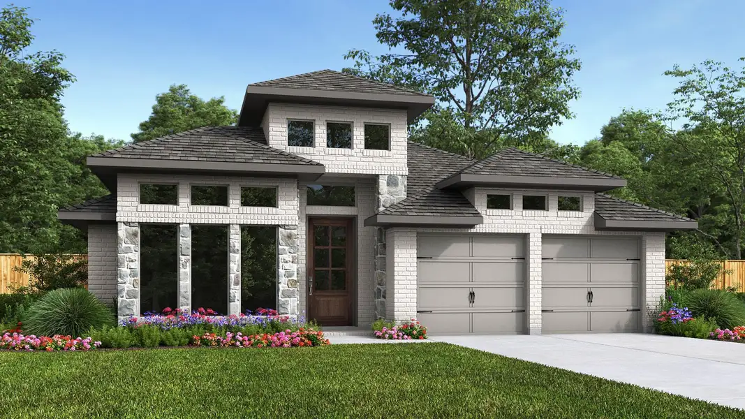 Front exterior of a new home in Stonecreek Estates 50', Richmond, TX, highlighting curb appeal (Image 1).