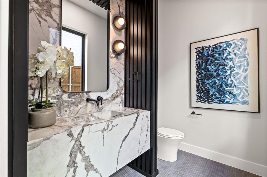 Bathroom featuring vanity and tile patterned flooring Bathroom featuring vanity and tile patterned flooring