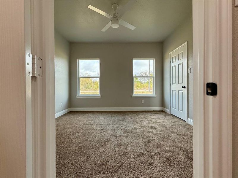 JUNIOR MASTER VIEW bedroom with carpet flooring and ceiling fan