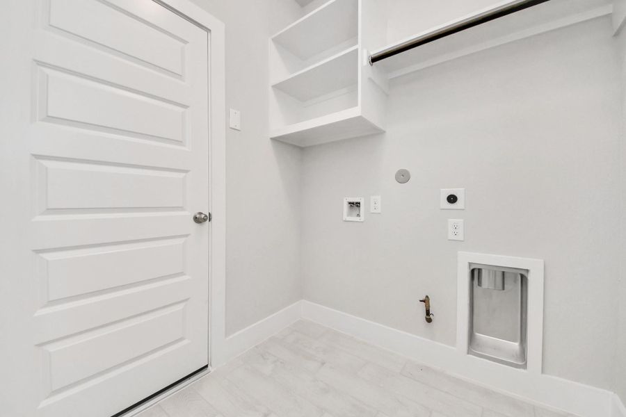 A perfect blend of functionality and comfort. Capture the essence of easy living with a first-floor laundry room, thoughtfully equipped with shelving for effortless organization. Both electric and gas connections available.