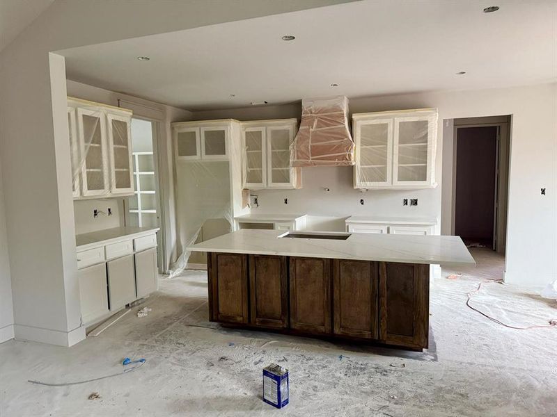 Kitchen featuring glass insert cabinets, an island with sink, custom exhaust hood, dark brown cabinets, and white cabinetry Kitchen featuring glass insert cabinets, an island with sink, custom exhaust hood, dark brown cabinets, and white cabinetry