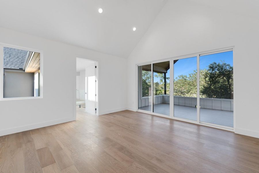Spare room featuring high vaulted ceiling, plenty of natural light, light wood-type flooring, and recessed lighting