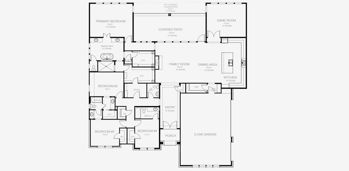 2D floor plan layout for the 3068A by Perry Homes in Bristol Valley, Rockwall, TX (Image 3).