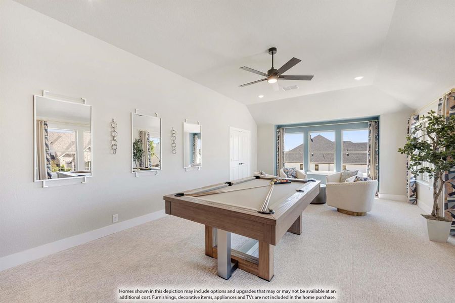 Game room with pool table, vaulted ceiling, ceiling fan, and carpet flooring
