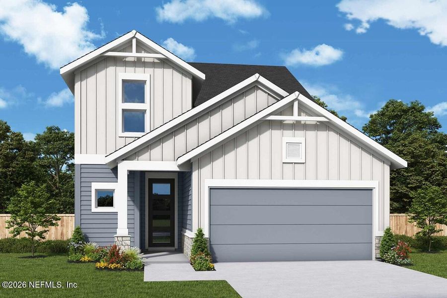 Front exterior of a new home in Evergreen Island at Silverleaf - Classic, St. Augustine, FL, highlighting curb appeal (Image 1). Front exterior of a new home in Evergreen Island at Silverleaf - Classic, St. Augustine, FL, highlighting curb appeal (Image 1).