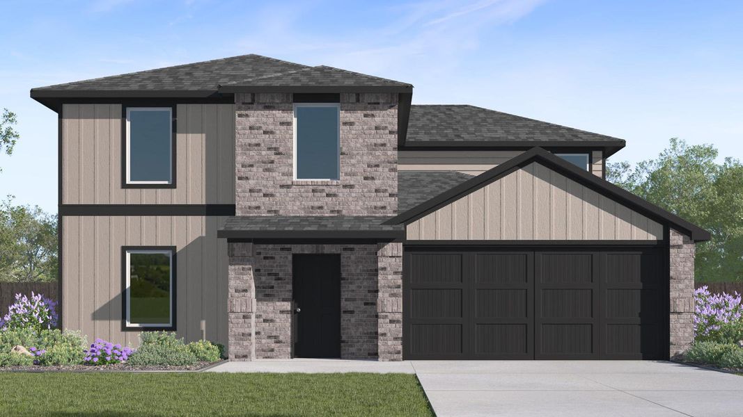 A striking exterior combines brick and siding, showcasing a modern architectural design with a two-car garage. A striking exterior combines brick and siding, showcasing a modern architectural design with a two-car garage.