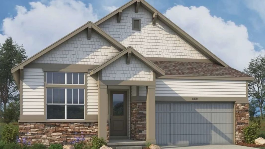 Front exterior of a new home in Dillon Pointe - Journey, Broomfield, CO, highlighting curb appeal (Image 1).