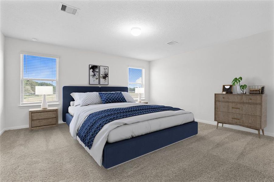 What a wonderful place to come home to, this stunning primary suite greets you with gorgeous plush carpet, custom paint, high ceiling, lighting, lovely windows with blinds allowing in natural light brightening up this spacious primary bedroom!