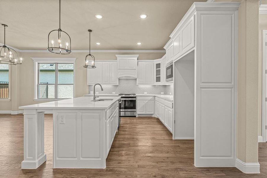 Kitchen with sink, ornamental molding, hardwood / wood-style flooring, tasteful backsplash, and stainless steel appliances