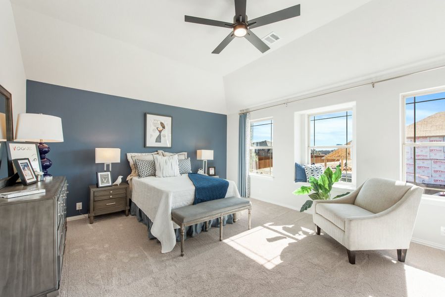 Bedroom with blue accent wall, ceiling fan, carpet, and large windows letting in natural light
